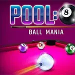 Mesa de billar con bolas de colores y texto grande que dice POOL: BALL MANIA sobre un fondo morado