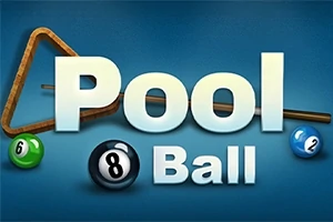 Texto Pool Ball sobre fondo azul con bolas de billar numeradas y un triángulo de madera