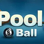 Texto Pool Ball sobre fondo azul con bolas de billar numeradas y un triángulo de madera