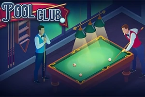 Dos personas jugando billar en un club con tres luces sobre la mesa