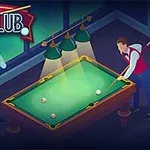 Dos personas jugando billar en un club con tres luces sobre la mesa
