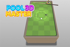 Mesa de billar verde con bolas blanca y negra, taco y triángulo pequeño, con texto colorido Pool 3D Master al lado