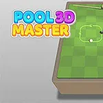 Mesa de billar verde con bolas blanca y negra, taco y triángulo pequeño, con texto colorido Pool 3D Master al lado