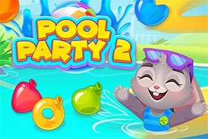 Conejo feliz con gafas de sol en una piscina, rodeado de globos y flotadores multicolores