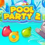 Conejo feliz con gafas de sol en una piscina, rodeado de globos y flotadores multicolores