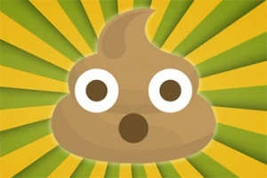 Emoji de popó con ojos y boca sorprendidos sobre un fondo amarillo y verde con rayos