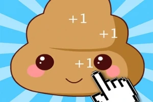 Caricatura de un excremento con ojos grandes y mejillas sonrosadas, acompañado de un cursor de mano y signos de +1 sobre un fondo azul con rayos