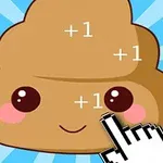 Caricatura de un excremento con ojos grandes y mejillas sonrosadas, acompañado de un cursor de mano y signos de +1 sobre un fondo azul con rayos