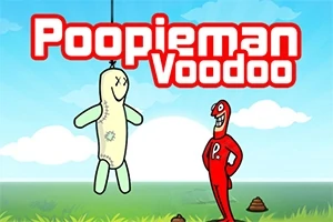 Dibujo de un muñeco de trapo colgado junto a un personaje rojo sonriente en un paisaje con césped y cielo azul
