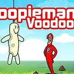 Dibujo de un muñeco de trapo colgado junto a un personaje rojo sonriente en un paisaje con césped y cielo azul