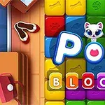 Bloques de colores brillantes con letras y un gato animado en el centro