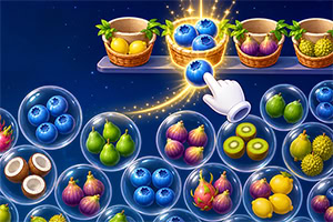 Mano señalando una esfera azul brillante entre burbujas con frutas tropicales y canastas sobre fondo azul estrellado