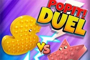 Un patito amarillo y una estrella roja con textura de burbujas enfrentándose con la palabra DUEL en la parte superior
