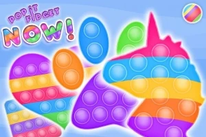 Juguetes fidget pop it de colores vibrantes con formas geométricas y de unicornio sobre un fondo azul