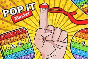 Dedo con cinta roja y fondos de colores, acompañado de juguetes pop it con caras sonrientes