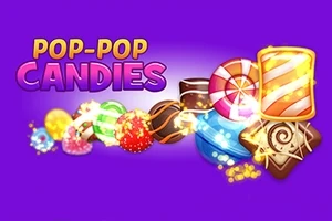 Coloridos caramelos brillantes en un fondo morado con el texto Pop-Pop Candies