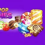 Coloridos caramelos brillantes en un fondo morado con el texto Pop-Pop Candies