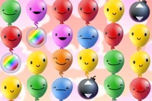 Globos de colores con caras sonrientes sobre un fondo de nubes rosas y blancas