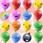 Globos de colores con caras sonrientes sobre un fondo de nubes rosas y blancas