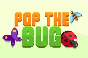 Texto colorido POP THE BUG con un fondo amarillo pálido y dibujos de una mariquita, una mariposa morada y una abeja volando