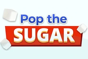 Texto Pop the Sugar en letras azules y blancas sobre un fondo rojo, rodeado de cubos de azúcar