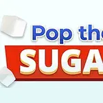 Texto Pop the Sugar en letras azules y blancas sobre un fondo rojo, rodeado de cubos de azúcar