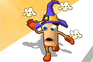 Un personaje con sombrero de mago y guantes naranjas rodeado de palomitas sobre un fondo naranja y blanco