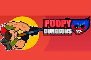 Dibujo de un personaje musculoso con un arma grande, junto a un texto que dice Poopy Dungeons y una cara caricaturesca y sonriente en un fondo rojo