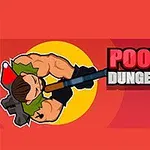 Dibujo de un personaje musculoso con un arma grande, junto a un texto que dice Poopy Dungeons y una cara caricaturesca y sonriente en un fondo rojo