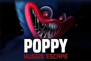 Criatura peluda azul con ojos grandes y boca roja llena de dientes afilados, acompañado del texto Poppy Huggie Escape