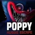 Criatura peluda azul con ojos grandes y boca roja llena de dientes afilados, acompañado del texto Poppy Huggie Escape