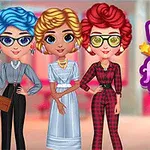 Tres mujeres con estilos de moda inspirados en los años 80, cada una con un peinado y atuendo distintivos, junto a un texto colorido que dice Popular 80s Fashion Trends