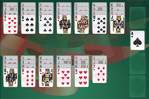 Baraja de cartas de juego organizadas en filas con un fondo verde, destacando un as de espadas a la derecha