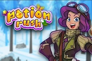 Personaje con cabello morado y gafas sobre la cabeza, sonriendo frente a un bosque nevado con el título potion rush en la parte superior izquierda