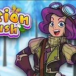 Personaje con cabello morado y gafas sobre la cabeza, sonriendo frente a un bosque nevado con el título potion rush en la parte superior izquierda