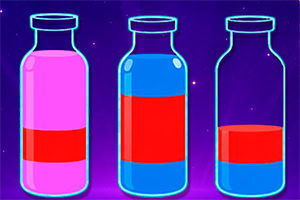 Tres frascos de vidrio con líquidos de colores rosa, rojo y azul sobre fondo morado