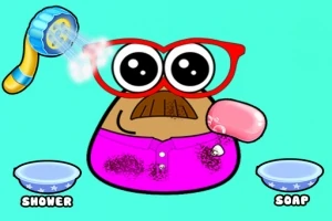 Personaje dibujado con gafas rojas, camiseta rosa y expresión sorprendida, acompañado de elementos de baño como jabón y ducha