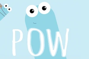 Personaje azul con ojos grandes sonriente y el texto POW en letras blancas