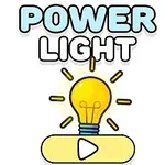 Ilustración de un foco amarillo encendido con la palabra POWER LIGHT encima y un botón de reproducción debajo