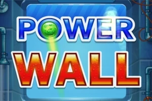 Texto Power Wall en letras grandes y coloridas, con un fondo azul y detalles de tuberías metálicas