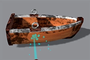 Barco de madera con anillos en un ambiente virtual, siendo limpiado con un chorro de agua