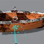 Barco de madera con anillos en un ambiente virtual, siendo limpiado con un chorro de agua