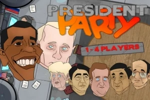 Caricaturas de varios líderes mundiales con el texto President Party y 1-4 players