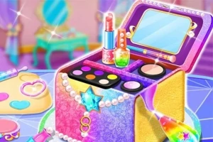 Caja de maquillaje colorida con espejo, lápiz labial, esmalte y sombras brillantes