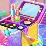 Caja de maquillaje colorida con espejo, lápiz labial, esmalte y sombras brillantes