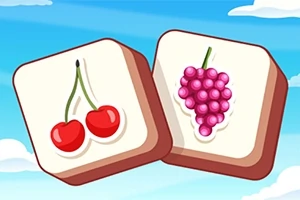 Dos fichas cuadradas con dibujos de cerezas y uvas sobre un fondo de cielo azul con nubes