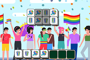 Personas celebrando con banderas arcoíris y cuadros con iconos coloridos sobre un fondo festivo