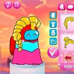 Un personaje de traje espacial con peluca rubia y vestido rosa frente a un menú de selección de peinados, con un fondo de atardecer colorido