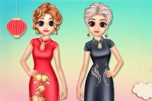 Dos mujeres con vestidos tradicionales chinos, una en rojo con flores y otra en negro con diseño floral, sobre un fondo degradado con una linterna roja y una nube