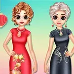 Dos mujeres con vestidos tradicionales chinos, una en rojo con flores y otra en negro con diseño floral, sobre un fondo degradado con una linterna roja y una nube